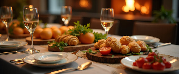 A vibrant Passover feast displayed on an elegant dining table, capturing the joyful spirit and allowing for generous copy space for branding.