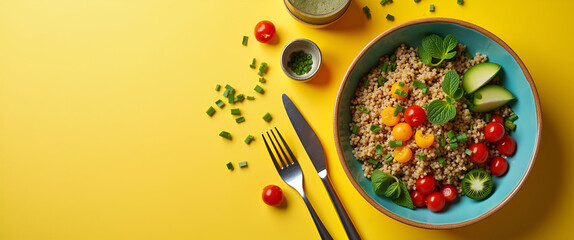 An overhead view of a quinoa superfood bowl, artfully arranged with copy space. Emphasizes healthy eating with bright colors and a minimalistic approach.
