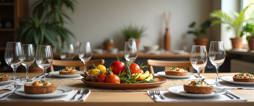A modern Seder table design showcasing new interpretations of tradition, featuring unique elements and ample copy space for text or marketing messages.