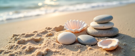 An intimate self-care routine set on the beach with spa elements like shells and smooth stones, arranged thoughtfully with plenty of surrounding sand left for marketing copy and ambiance.