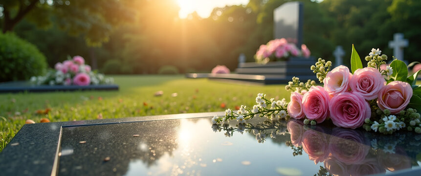 A scenic view of an elegantly arranged memorial area with flowers and a tombstone, presented with an inviting feel and clear copy space for messages of remembrance.