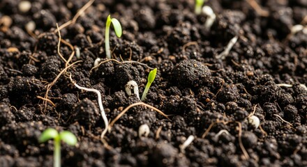Healthy Soil Texture and Roots. rich, dark, healthy soil texture with small, visible roots or tiny sprouts emerging. convey vitality, health, agriculture, sustainability, organic farming, growth