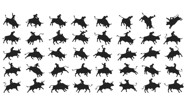 Dynamic collection of rodeo rider silhouettes in action, perfect for capturing the spirit of the Wild West and exciting sporting events in your projects, originally created as scalable vector art