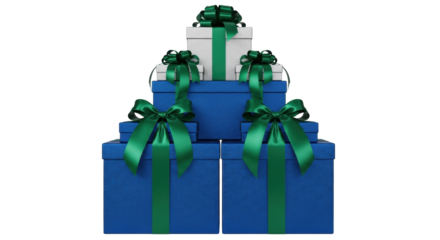 Isolated stack of Christmas or birthday gifts, presents wrapped with green ribbons and bows