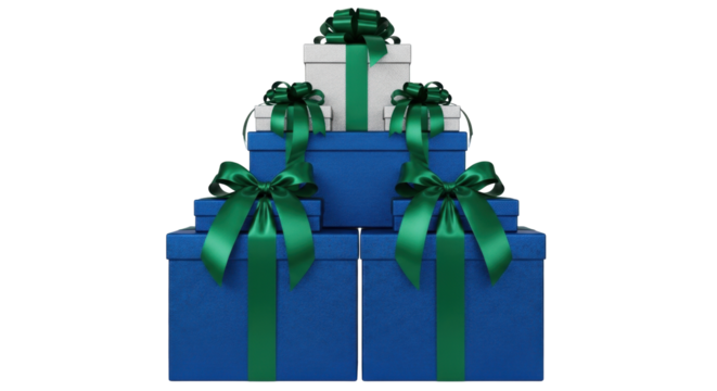 Isolated stack of Christmas or birthday gifts, presents wrapped with green ribbons and bows