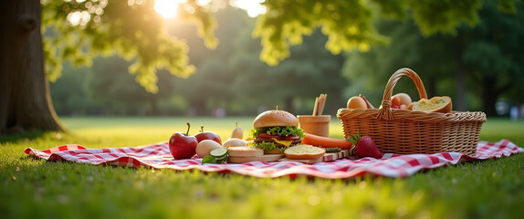 A serene park photography scene depicting a picnic gathering with upscale presentation and attention to detail, featuring plenty of copy space for marketing needs.