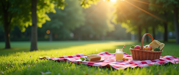 A minimalistic composition showcasing an inviting picnic setup in a lush green park, ensuring ample copy space for promotional text alongside the blanket.