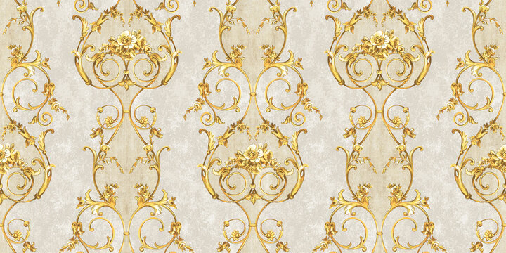 Damask style wallpaper. Seamless ornament in Baroque style. Watercolor drawing of Baroque renaissance monogram floral ornament. Floral pattern for wallpaper or fabric.