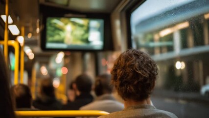 Passengers inside a high-tech train watching digital route projections as snow falls outside, representing comfort, eco-friendly design, and the evolution of smart mobility in winter. cinematic - Powered by Adobe