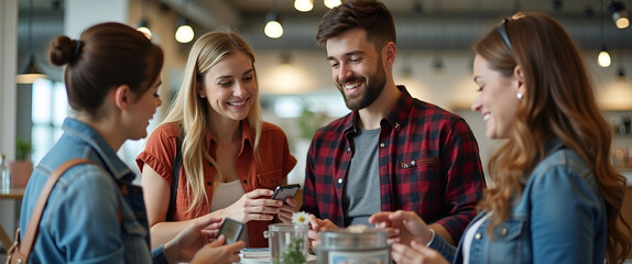 A group of consumers exploring product preferences in a retail environment, capturing their interactions candidly, with ample copy space for branding or marketing purposes.