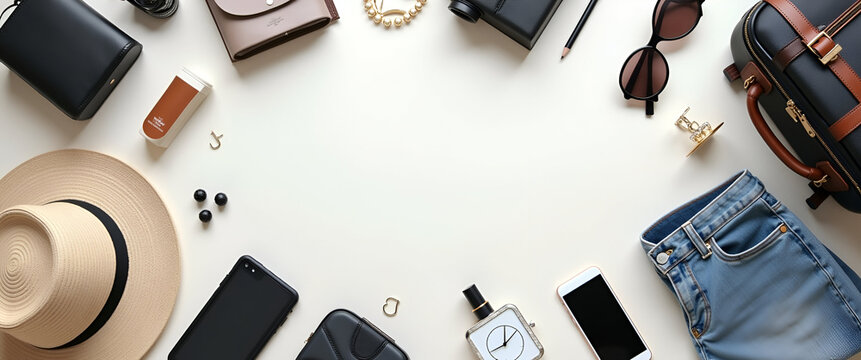 A captivating flat lay composition featuring popular packing items, arranged harmoniously with negative space, ideal for lifestyle blogs or vacation planning.