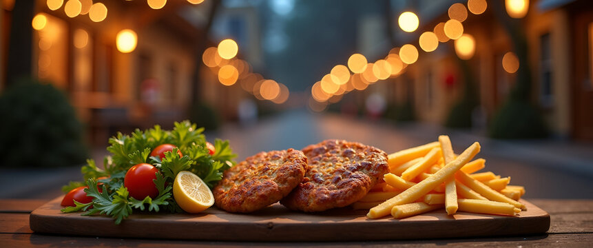 An enticing night scene featuring a food delivery spread set against a festive holiday background, designed with ample copy space for promotional messages on the food.