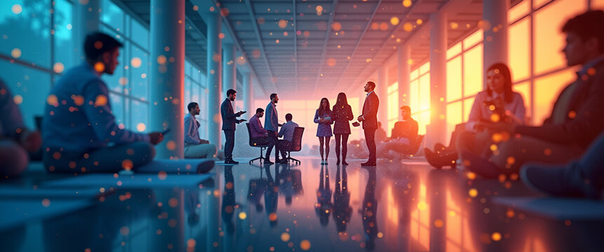 An abstract representation of a hybrid team, showcasing the seamless interplay of digital and physical work environments, allowing ample copy space for branding or messaging.