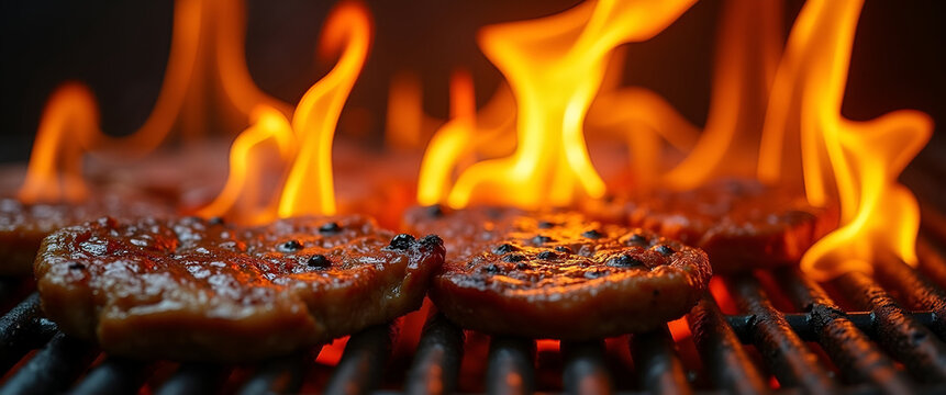 An artistic representation of roaring barbecue flames licking at marinated steaks on a grill, with a focus on vibrant colors and textures while ensuring a balanced composition and copy space.