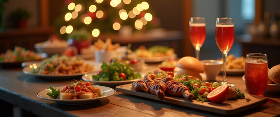 An inviting atmosphere capturing the essence of a New Year 2025 celebration, featuring an array of festive lunch options with generous copy space for promotional materials.