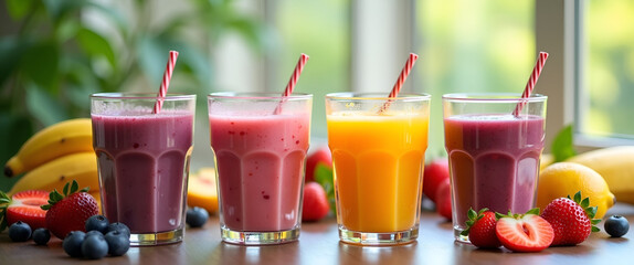 A vibrant smoothie delivery scene showcasing a selection of healthy smoothies in clear cups with colorful fruits, emphasizing clarity for promotional copy space.