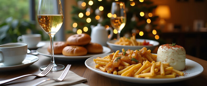 An engaging New Year brunch scene featuring casual yet elegant table settings, delicious dishes, and plenty of copy space for lifestyle branding opportunities.