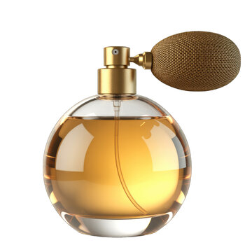 Elegant round golden perfume bottle with retro style atomizer sprayer design isolated on transparent background, isolated on white background