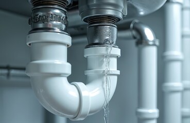 Close-up of a dripping kitchen sink drain. Water flows from the pipe onto the countertop creating a wet mess. The image highlights plumbing issues and potential water damage within a domestic setting.