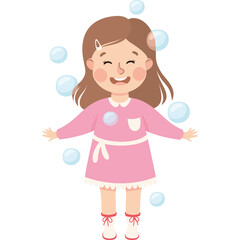 Happy Young Girl Laughing Surrounded by Bubbles Wearing a Pink Dress with White Trim and White Socks with Red Bows Isolated on a Transparent Background
