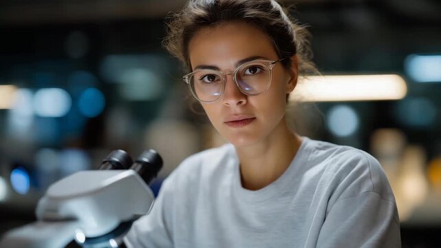 Scientist analyzing nanostructured materials under high-resolution microscope, emotion of curiosity visible, representing AI-assisted materials science, data-driven discovery, and next-gen machine