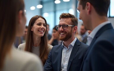 Close up picture of a happy and laughing staff or participant people group listening to a startup business owner at a trade show exhibition event. Generative AI. High quality