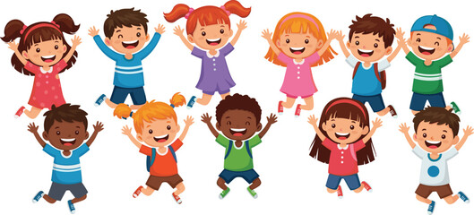 Large group of happy diverse children jumping for joy, cute cartoon vector illustration of excited kids playing together, smiling boys and girls celebrating success