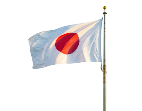 Japanese flag waving in the wind isolated on transparent background, a symbol of japan
