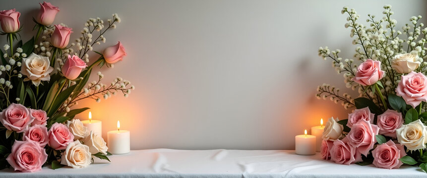 An impactful remembrance event showcasing ritual elements like floral tributes and candles arranged artistically, ensuring a clean background for copying space.