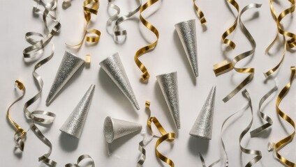 Festive New Years Eve party hats and streamers on white background.