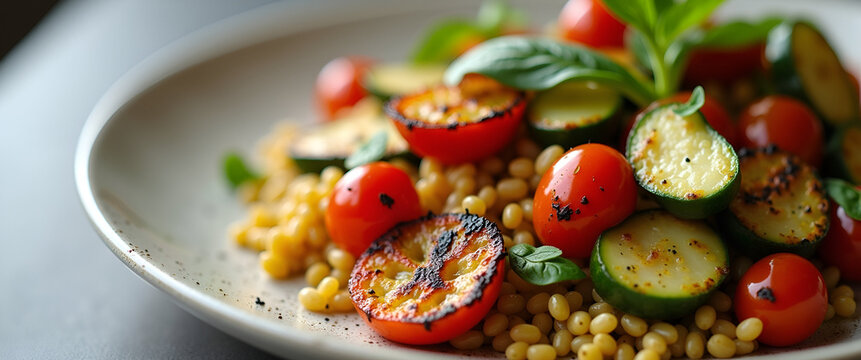 A visually appealing quinoa dinner idea with grilled vegetables elegantly plated, incorporating leading lines that guide the viewers eye and allow for copy space.