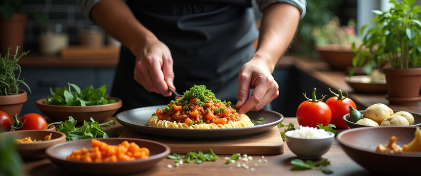 Showcase authentic cooking expertise with close-up shots of hands preparing traditional dishes, utilizing negative space to highlight textures and rich ingredients on a wooden table.