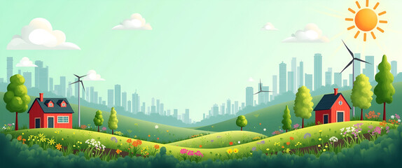 An illustration showcasing a vibrant green economy through community gardens and renewable energy, designed for environmental education with a focus on copy space.