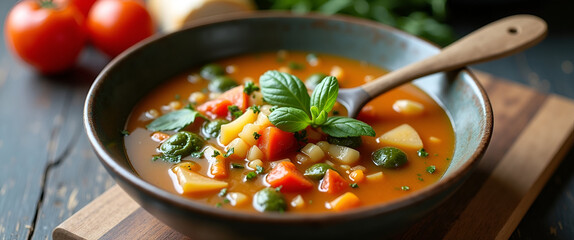 A comforting bowl of lunch soup filled with vegetables and herbs, arranged artistically with a rustic spoon, providing substantial copy space for text or descriptions.