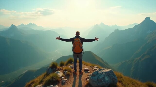 Hiker reaching the summit of a majestic mountain, arms outstretched in triumph, concept of outdoor gear, adventure tourism
