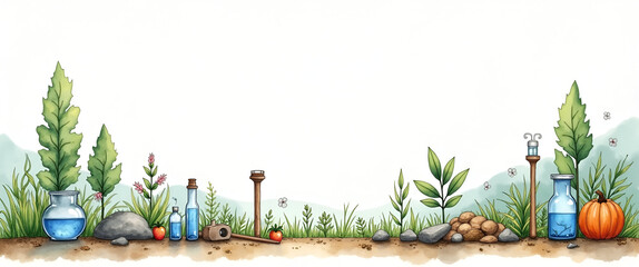 A watercolor scene illustrating climate research methodologies, depicting diverse tools and instruments in harmony with nature, featuring ample negative space for educational overlays.