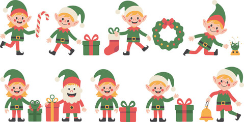 Collection of cute cartoon Christmas elves holding gifts, candy canes, wreaths, and bells in festive holiday illustration style