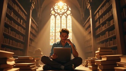 Scholar in expansive sunlit library, surrounded by ancient books and modern technology, concept of educational publishing, library services, academic conferences - Powered by Adobe