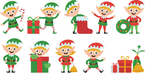 Collection of cute cartoon Christmas elves holding gifts, candy canes, wreaths, and bells in festive holiday illustration style