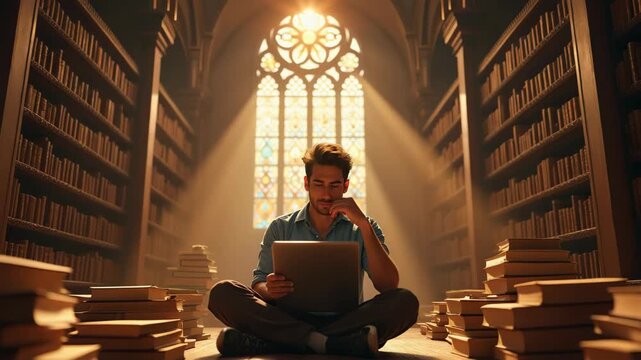 Scholar in expansive sunlit library, surrounded by ancient books and modern technology, concept of educational publishing, library services, academic conferences - Powered by Adobe