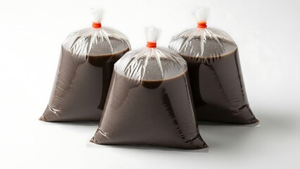 Three Bags of Dark Liquid on a White Background.