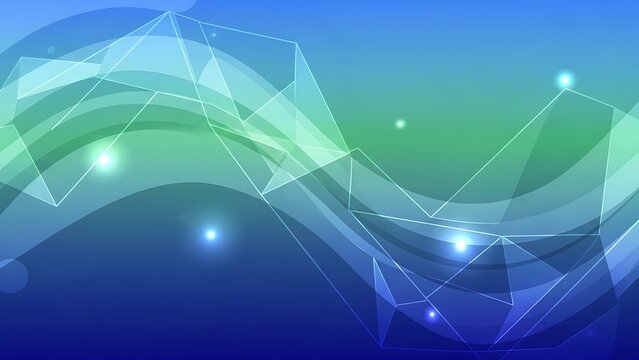 Abstract blue and green background with geometric shapes and lights.