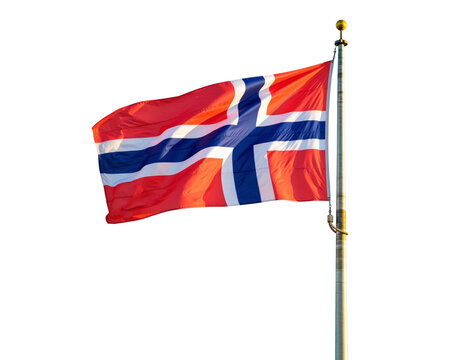 Norwegian flag waving proudly on a flagpole isolated on transparent background, symbol of norway