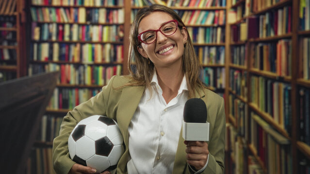 Woman holding microphone and soccer ball in a library building, smiling while delivering an onsite interview; sports reporting enthusiasm. - Powered by Adobe