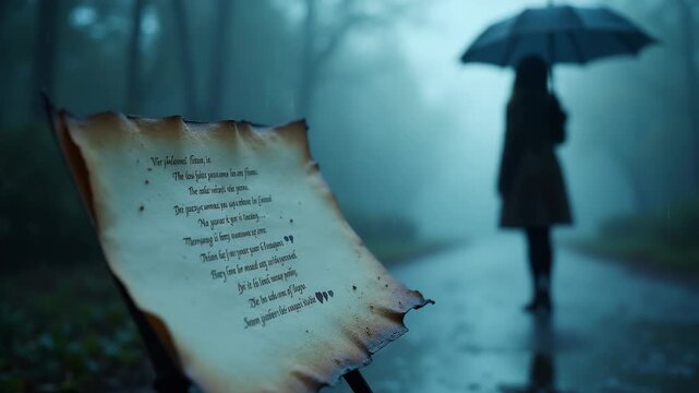 Love poem written on delicate parchment in the rain. A blurred silhouette of a person holding an umbrella stands in the background, evoking feelings of longing, nostalgia