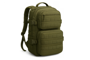 Olive drab tactical backpack with multiple compartments and molle webbing for outdoor adventures and military use