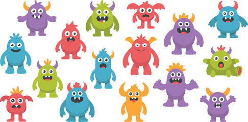Naklejka premium Collection of cute cartoon monsters in different colors and shapes, funny creature characters for children, playful fantasy illustration set
