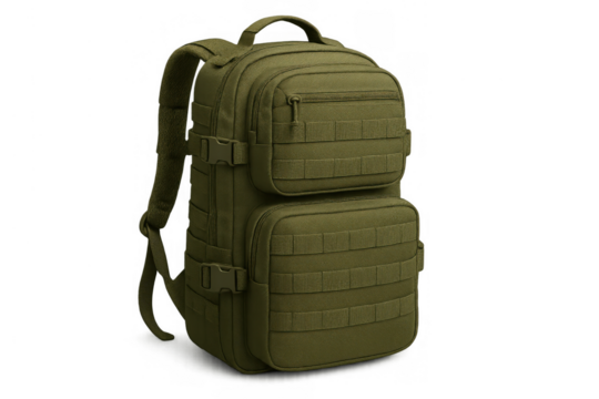 Olive drab tactical backpack with multiple compartments and molle webbing for outdoor adventures and military use
