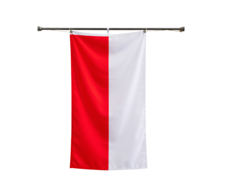 Vertical bicolored flag of poland hanging on a metal rod isolated on transparent background