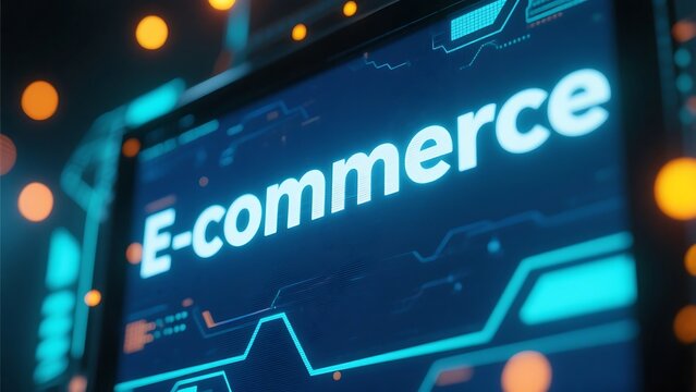 Close up of e commerce text on a blue screen with abstract lines and blurred orange lights